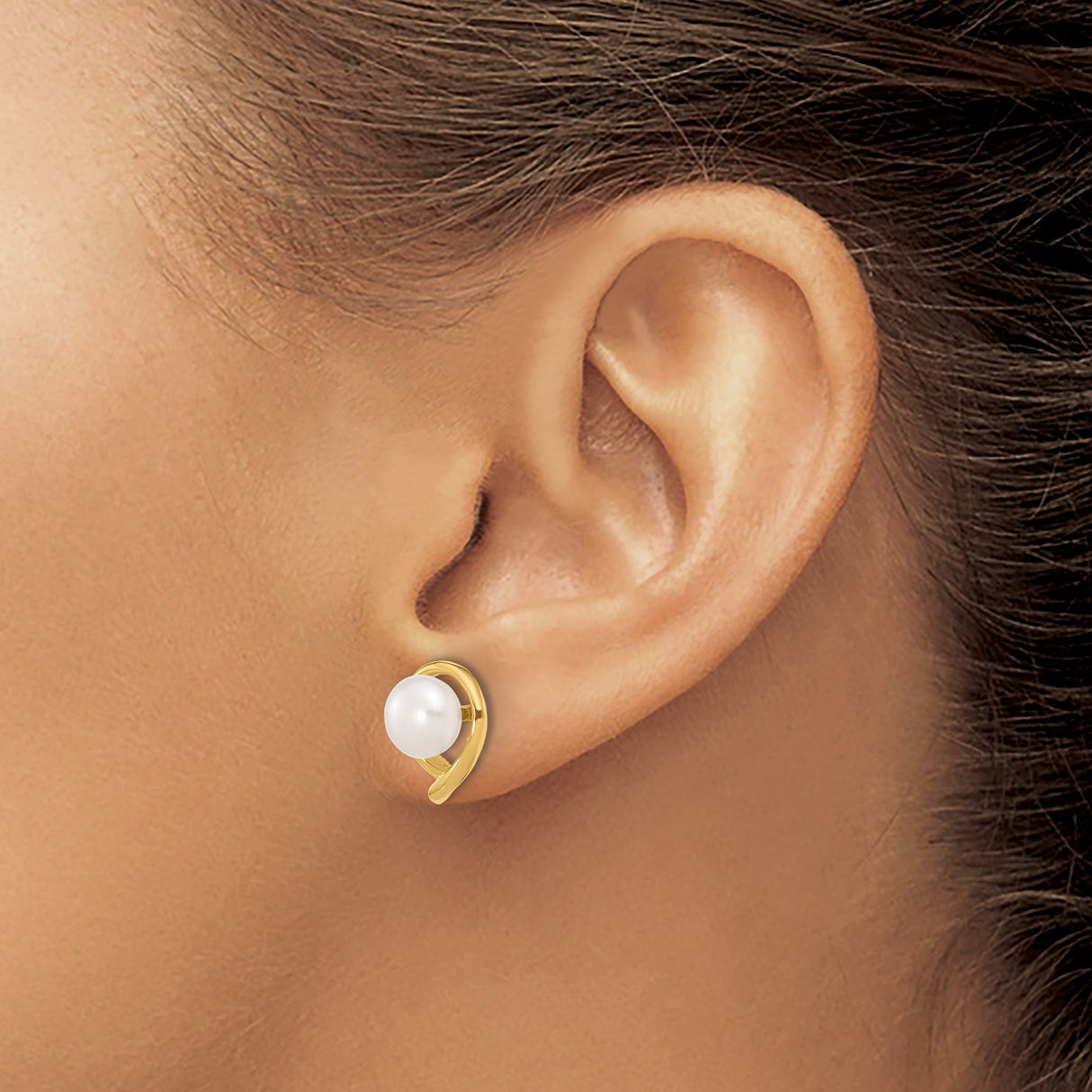 14k Yellow Gold Swirl Stud Earrings with White Cultured Pearl, Minimalist Style