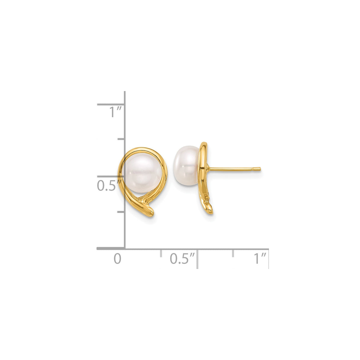 14k Yellow Gold Swirl Stud Earrings with White Cultured Pearl, Minimalist Style