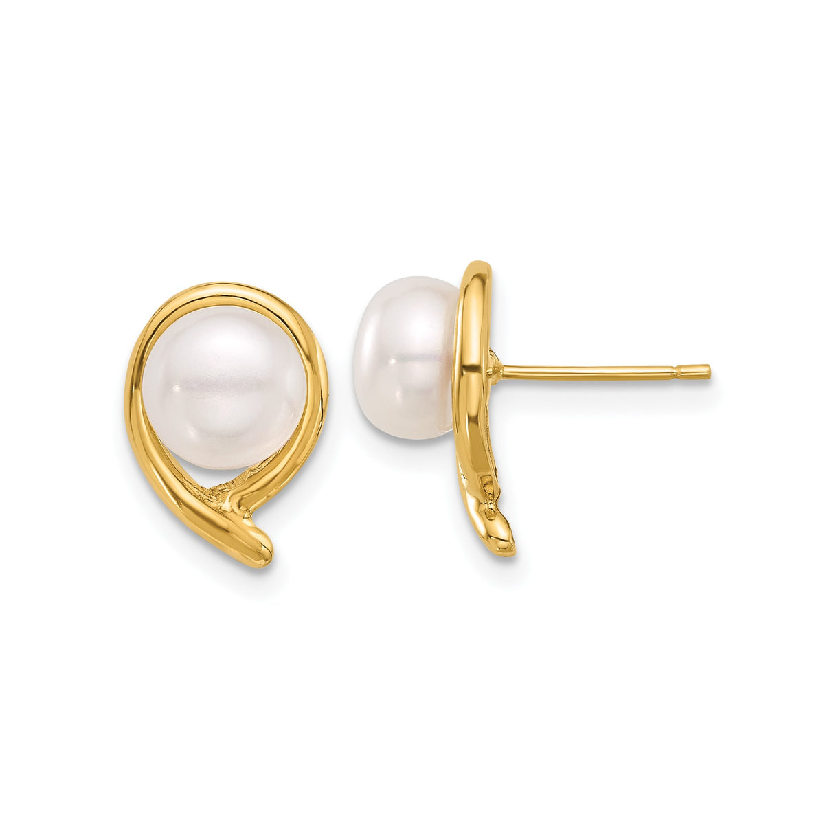 14k Yellow Gold Swirl Stud Earrings with White Cultured Pearl, Minimalist Style