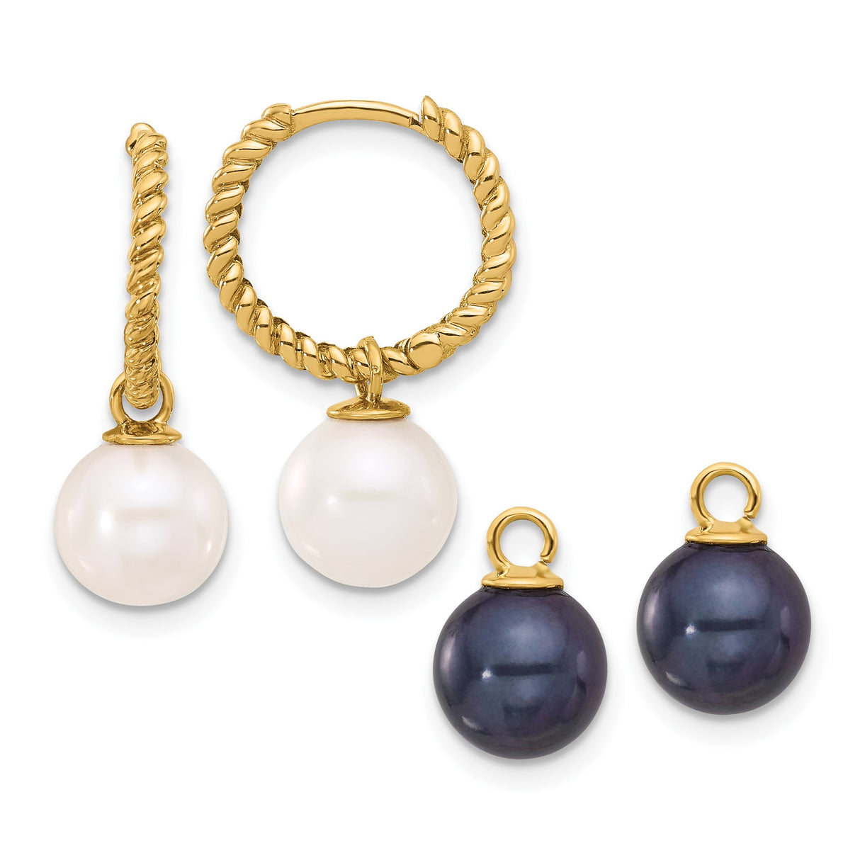 14k Yellow Gold Twisted Hoop Earrings with Interchangeable White and Black Pearls