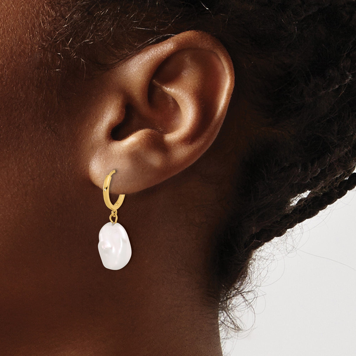 14k Yellow Gold Dangle Earrings with White Baroque Freshwater Pearls, Modern Drop Design