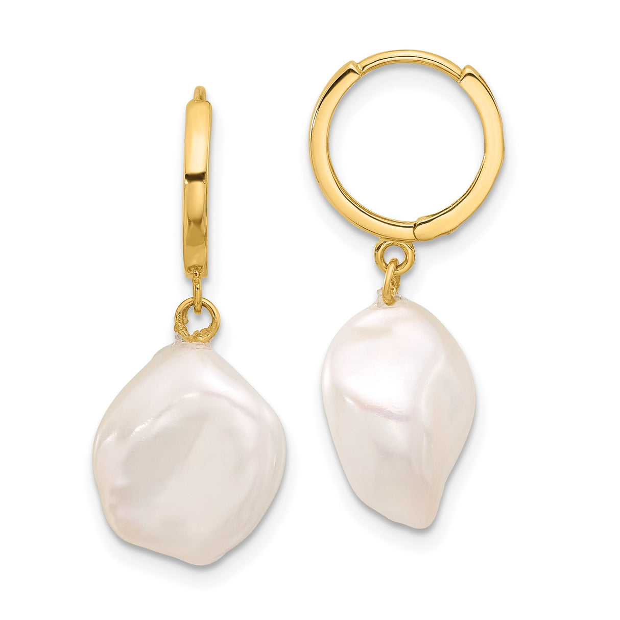 14k Yellow Gold Dangle Earrings with White Baroque Freshwater Pearls, Modern Drop Design