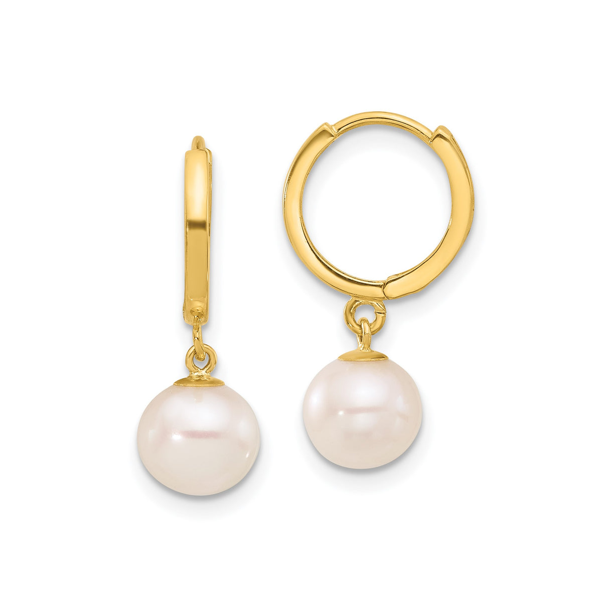 14k Yellow Gold Hoop Earrings with Cultured Freshwater Pearl Dangles, Minimalist Design for Women