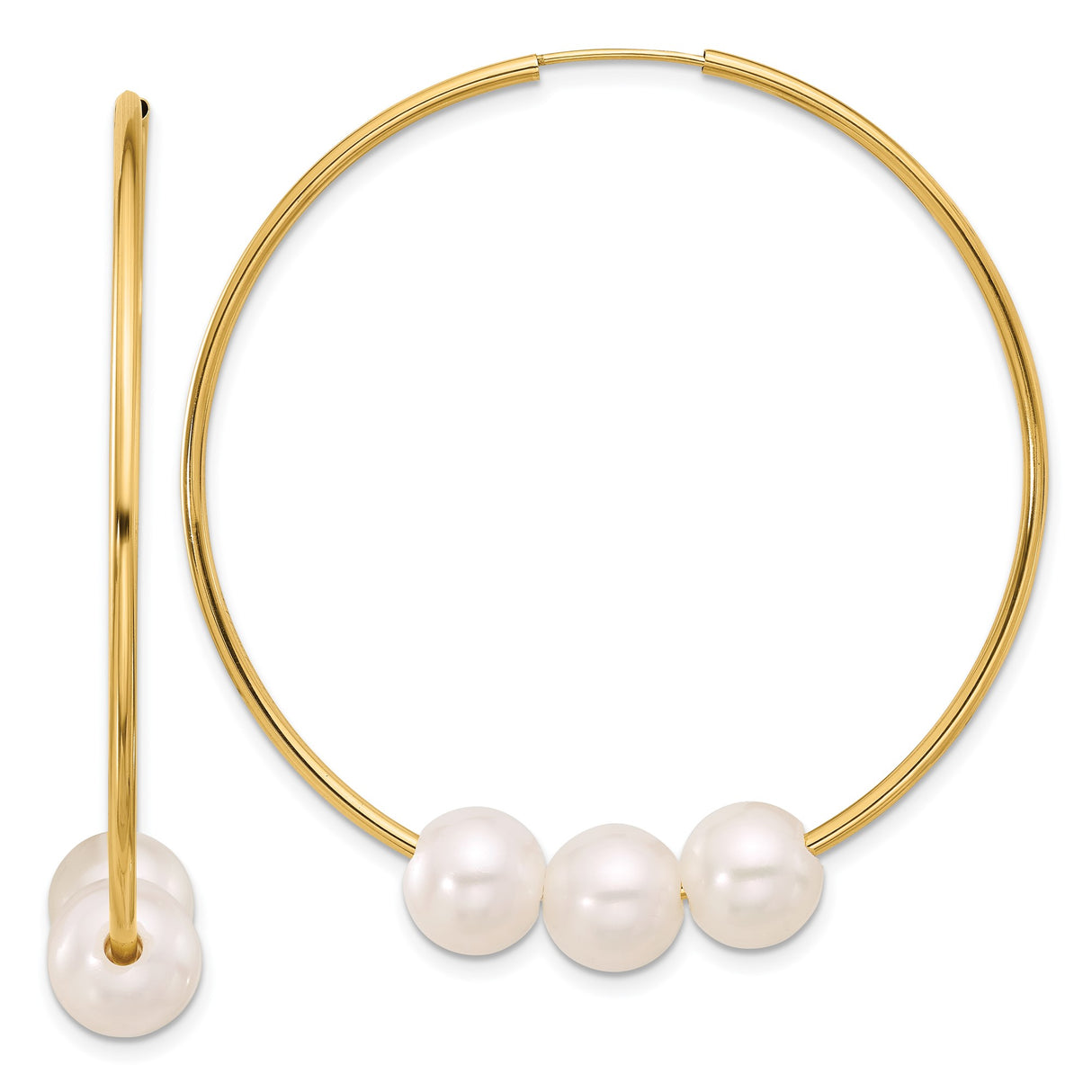 14k Yellow Gold Hoop Earrings with Three White Freshwater Pearls, Minimalist Dangle Style