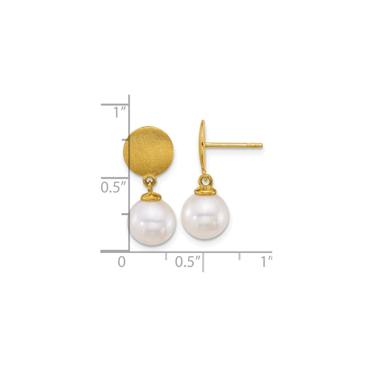 14k Yellow Gold Dangle Stud Earrings with Brushed Disc and White Cultured Pearls