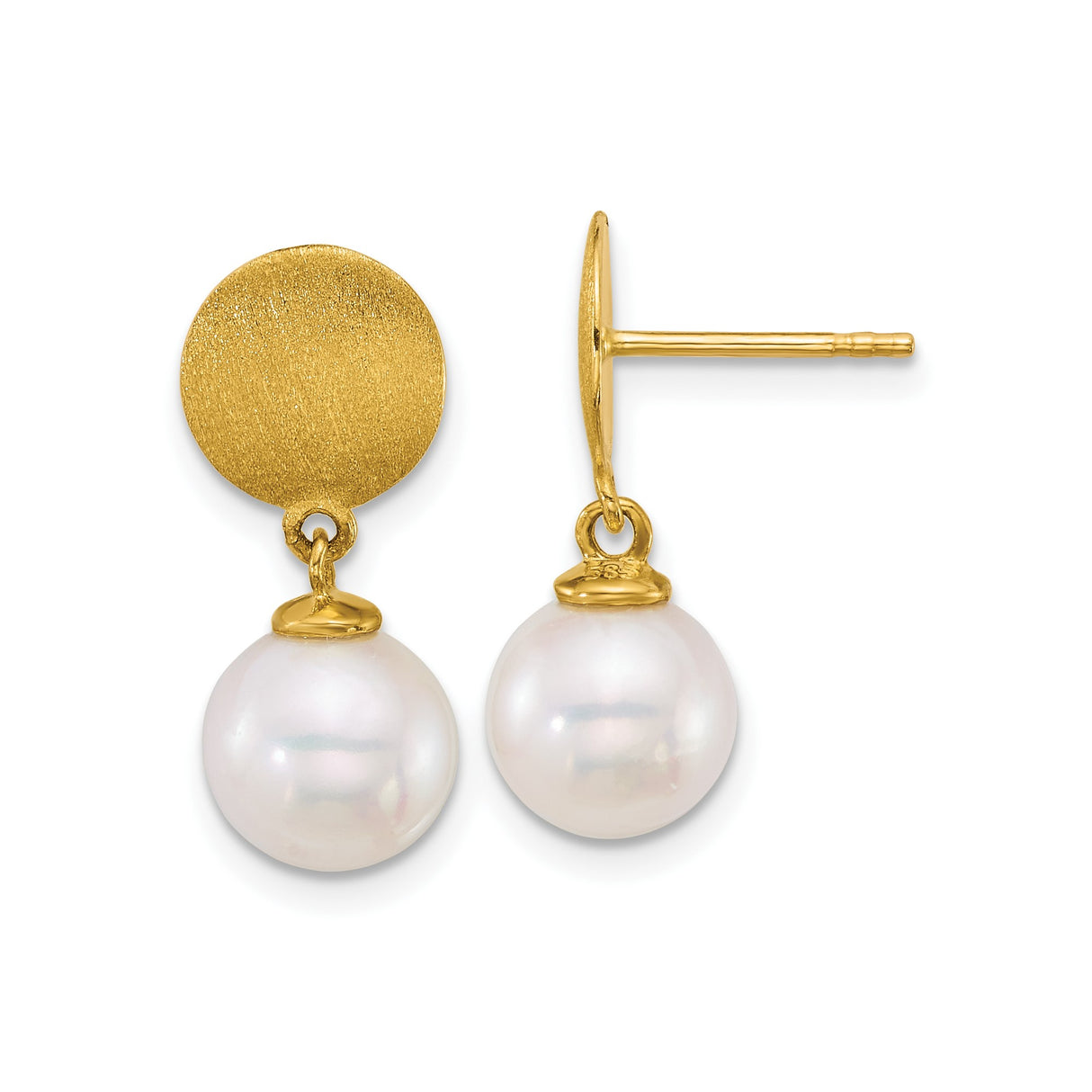 14k Yellow Gold Dangle Stud Earrings with Brushed Disc and White Cultured Pearls