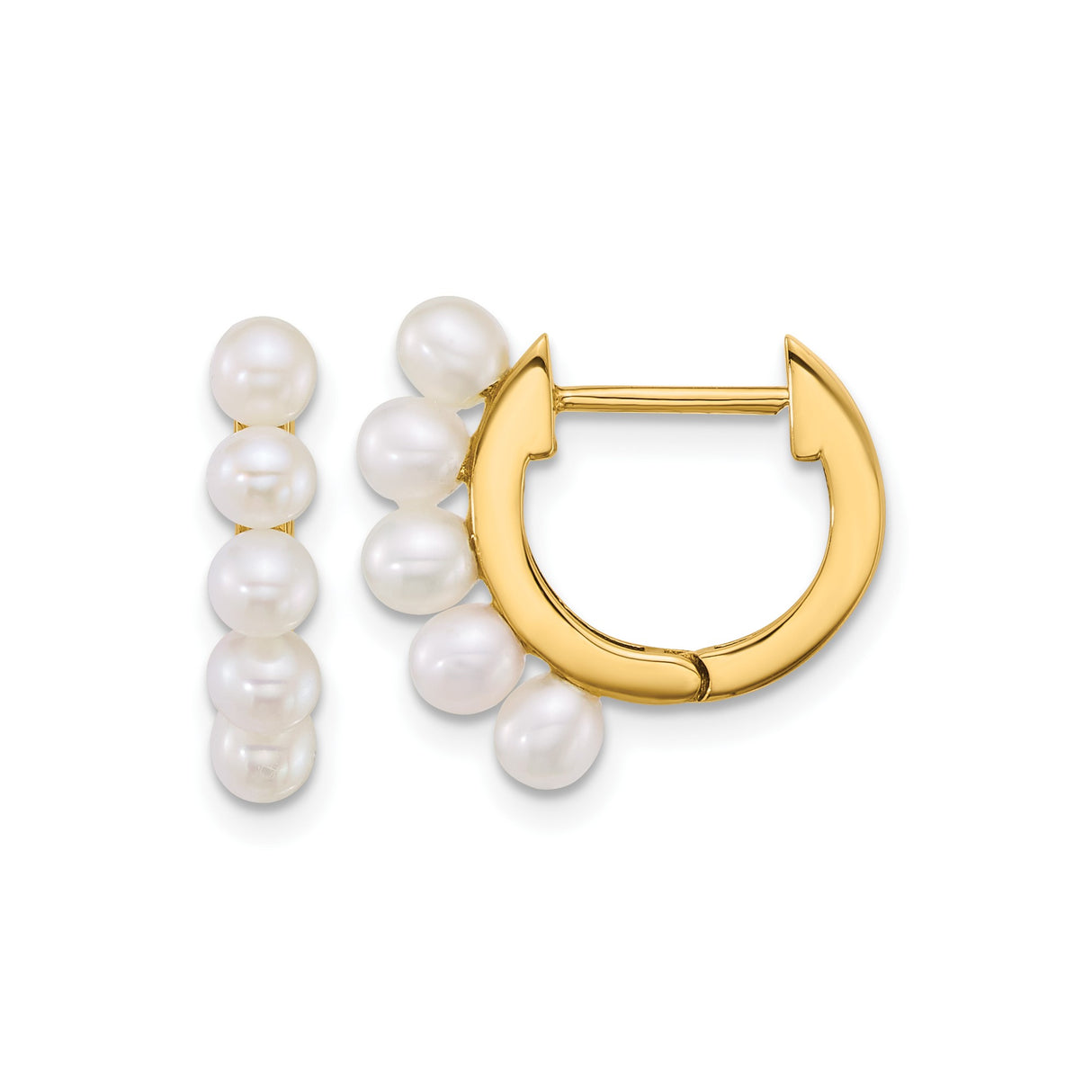14k Yellow Gold Hoop Earrings with White Freshwater Pearls, Lightweight Modern Design