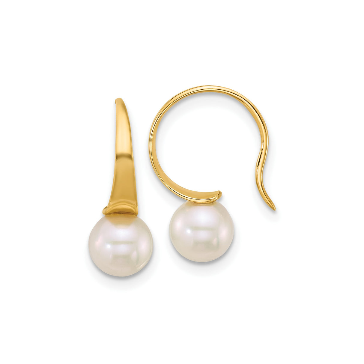 14k Yellow Gold Dangle Earrings with Round White Cultured Pearls, Minimalist Drop Design