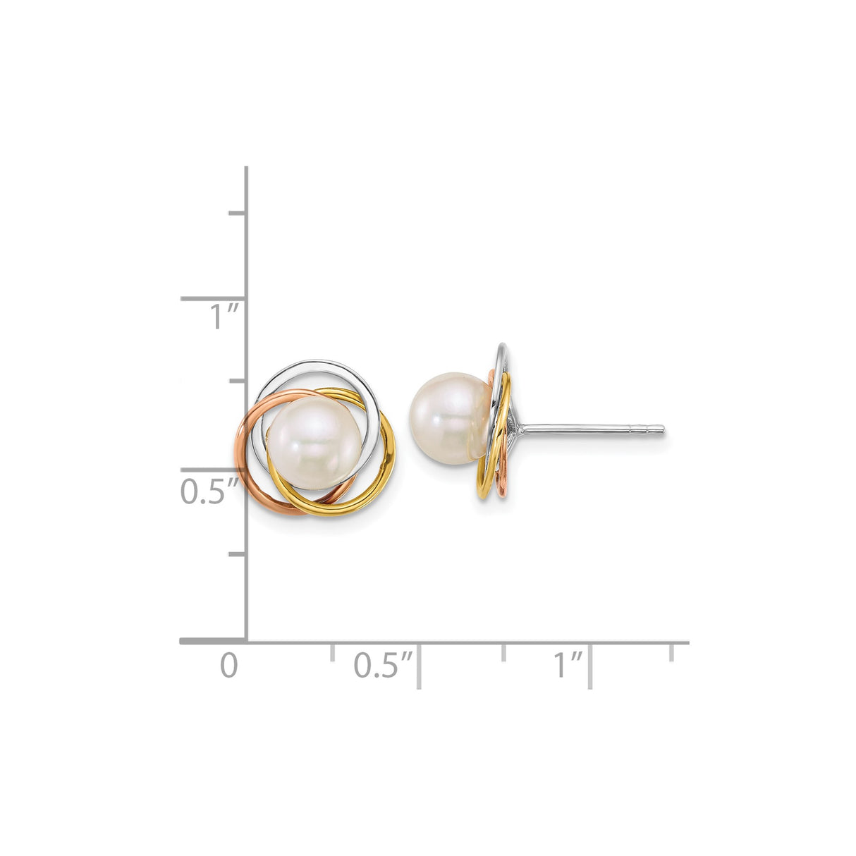 14k Tri-Color Gold Stud Earrings with Interlocking Hoops and Cultured Pearl Center