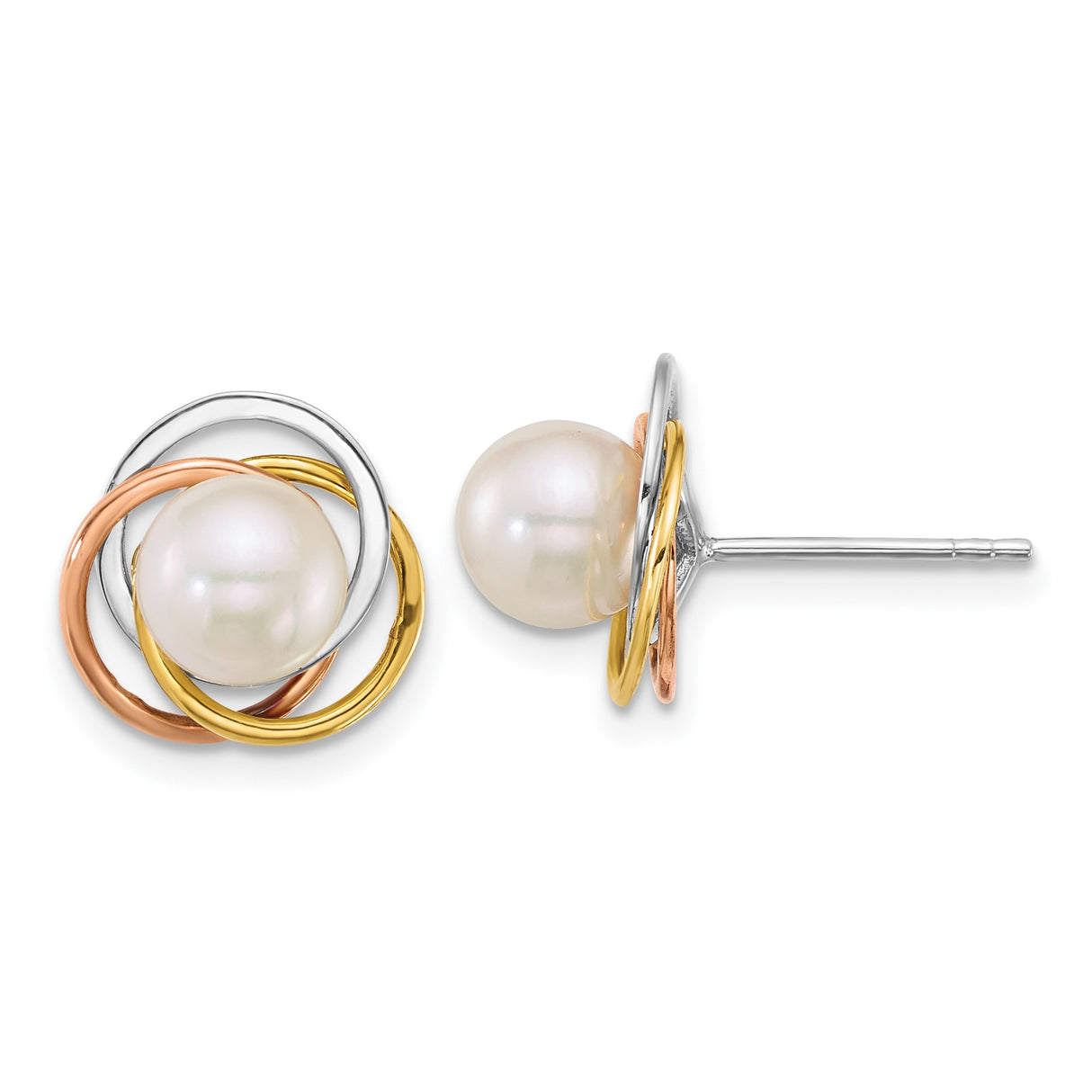 14k Tri-Color Gold Stud Earrings with Interlocking Hoops and Cultured Pearl Center