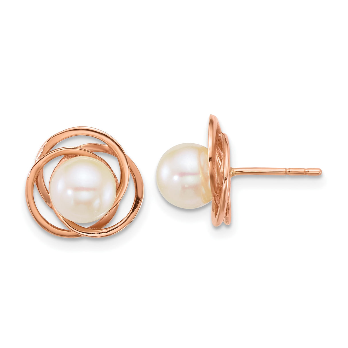 14k Rose Gold Pearl Stud Earrings with Intertwined Knot Design for Women