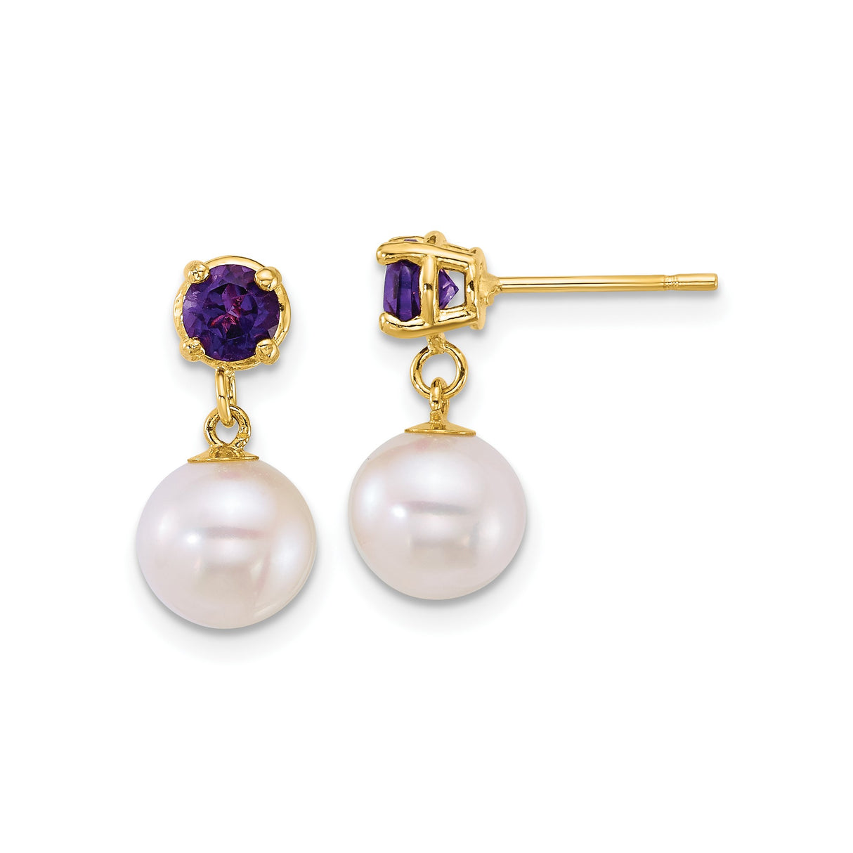 14k Yellow Gold Dangle Earrings with Amethyst and White Cultured Pearls, Drop Design for Women