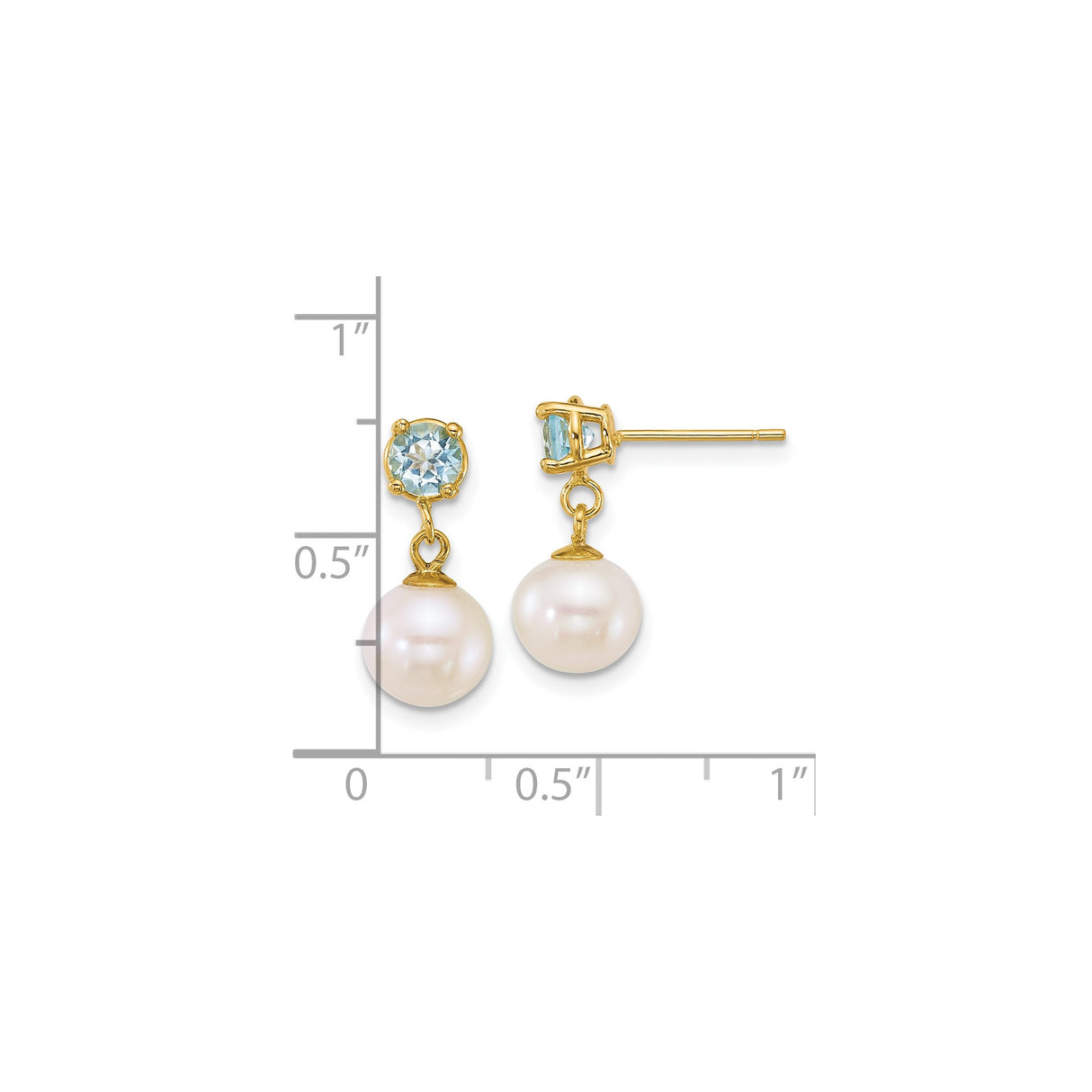 14k Yellow Gold Drop Earrings with Swiss Blue Topaz and White Cultured Pearls, Dangle Design
