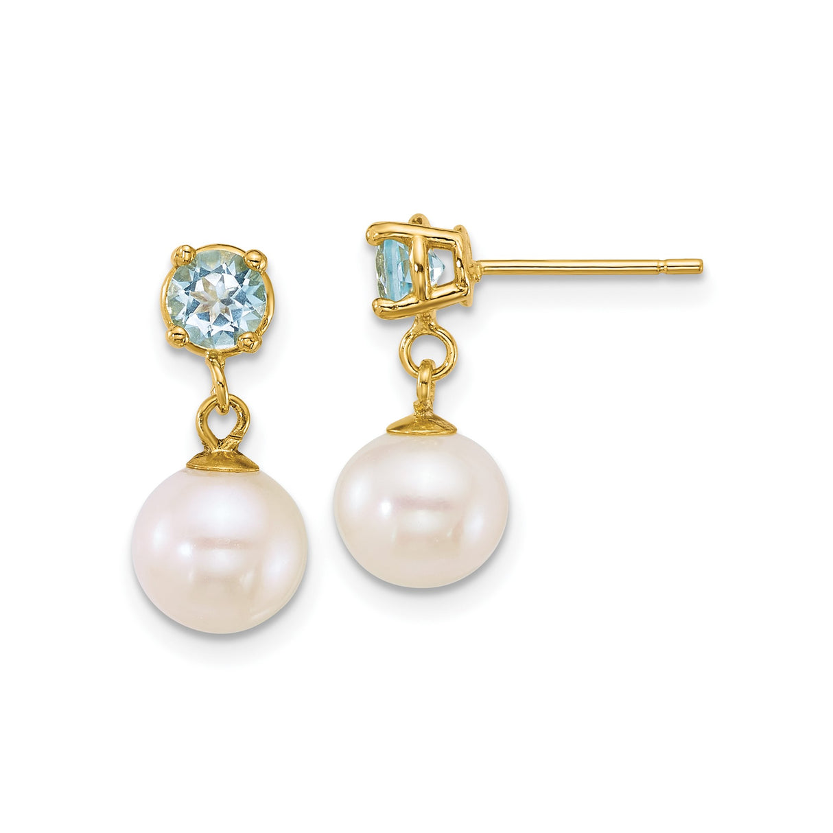 14k Yellow Gold Drop Earrings with Swiss Blue Topaz and White Cultured Pearls, Dangle Design