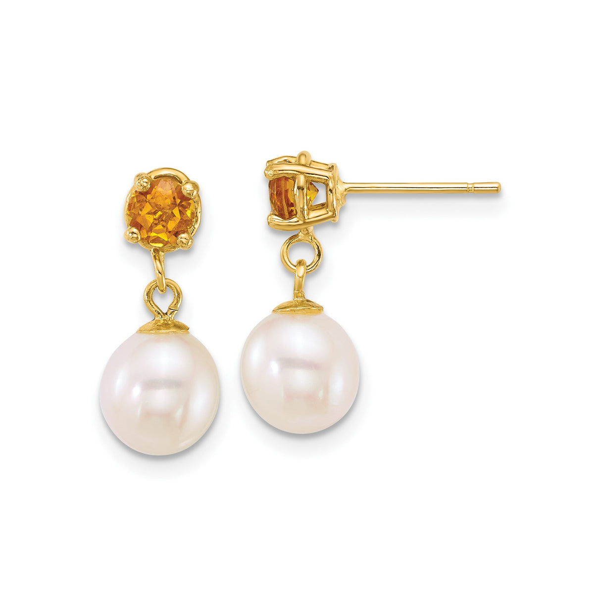 14k Yellow Gold Dangle Earrings with Citrine and Cultured Pearls, Elegant Drop Design for Women