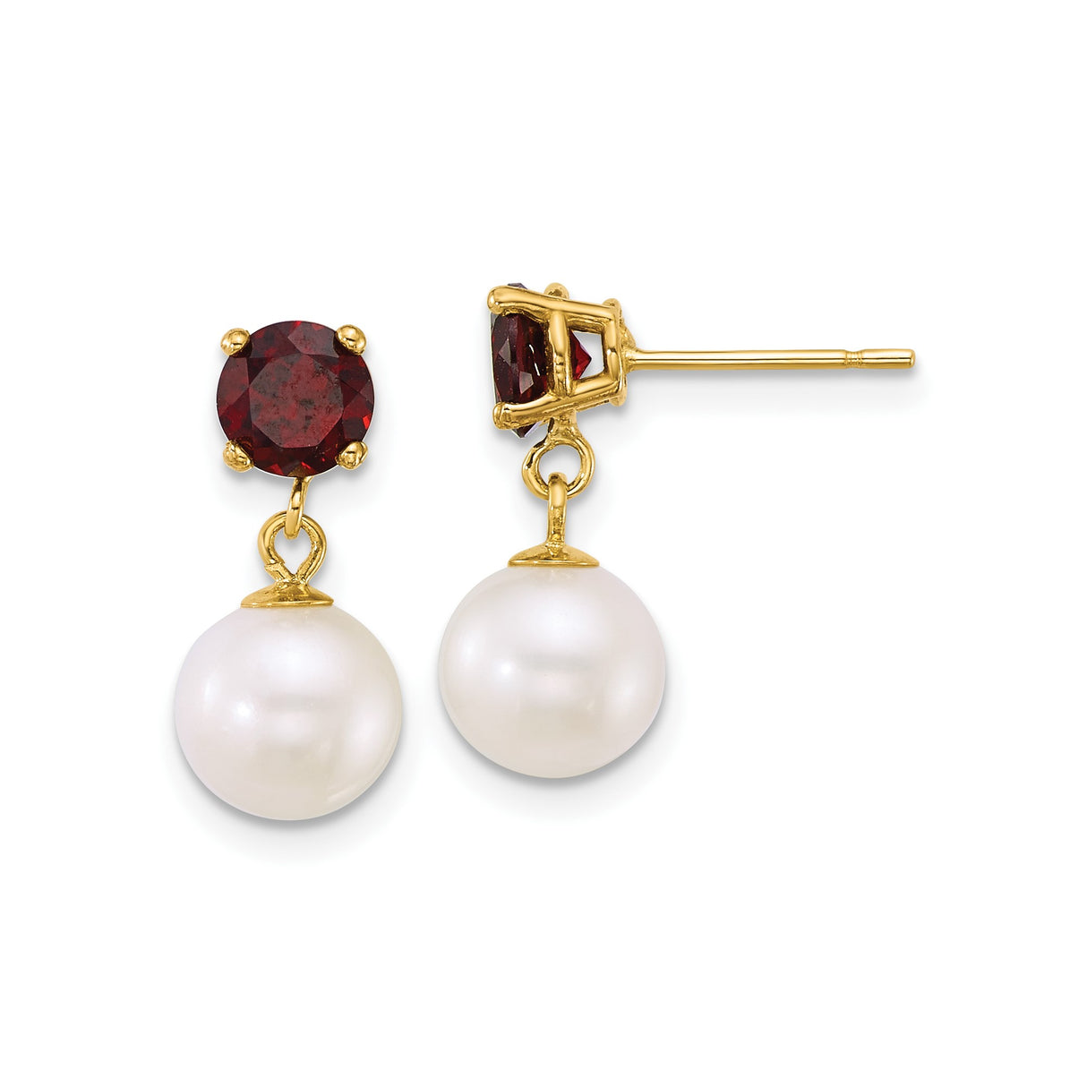 14k Yellow Gold Drop Earrings with Garnet and Pearl, Timeless Formal Design for Women