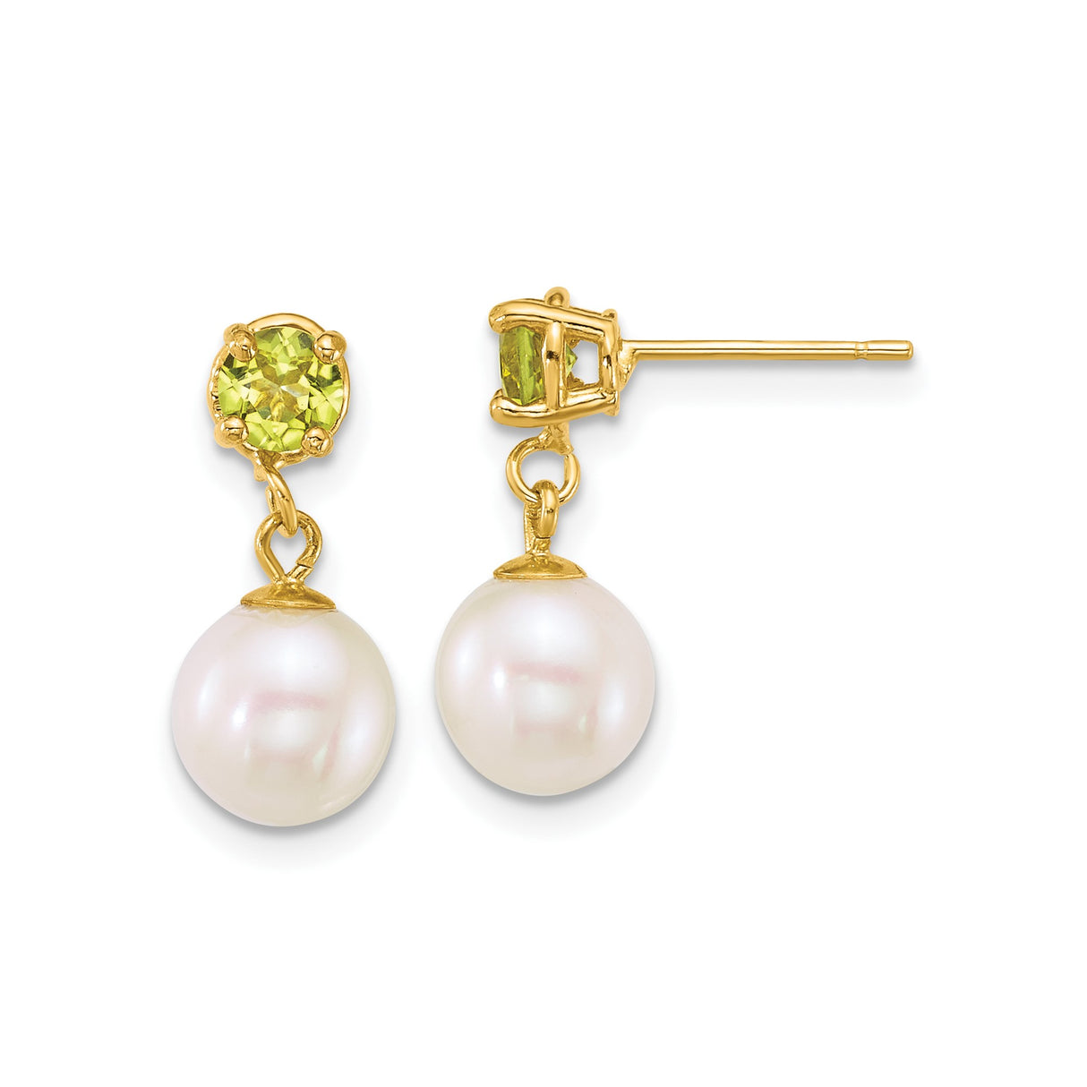 14k Yellow Gold Dangle Earrings with Peridot and Cultured Freshwater Pearls, Drop Design