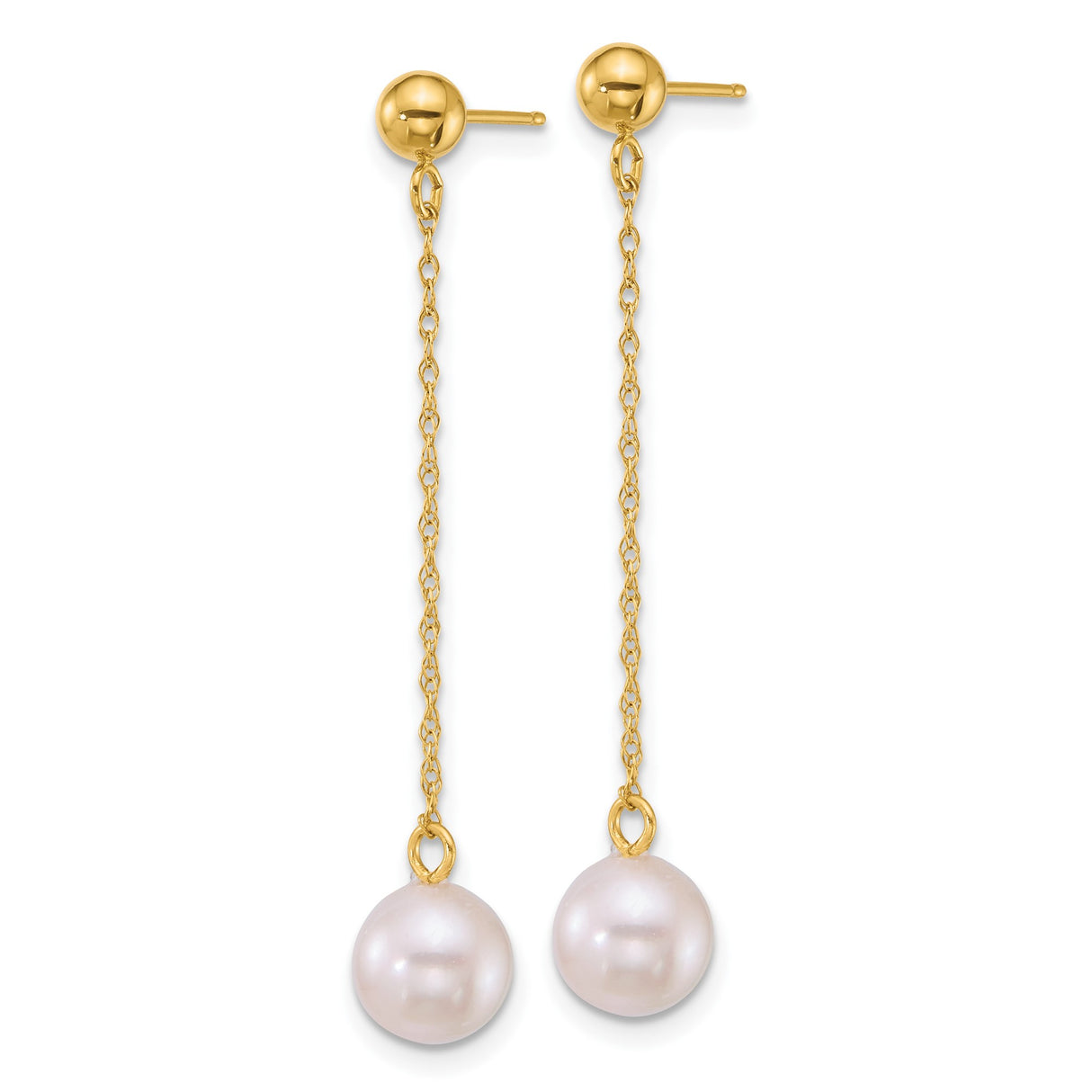 14k Yellow Gold Dangle Earrings with White Pearls, Long Chain Drop Minimalist Bridal Jewelry