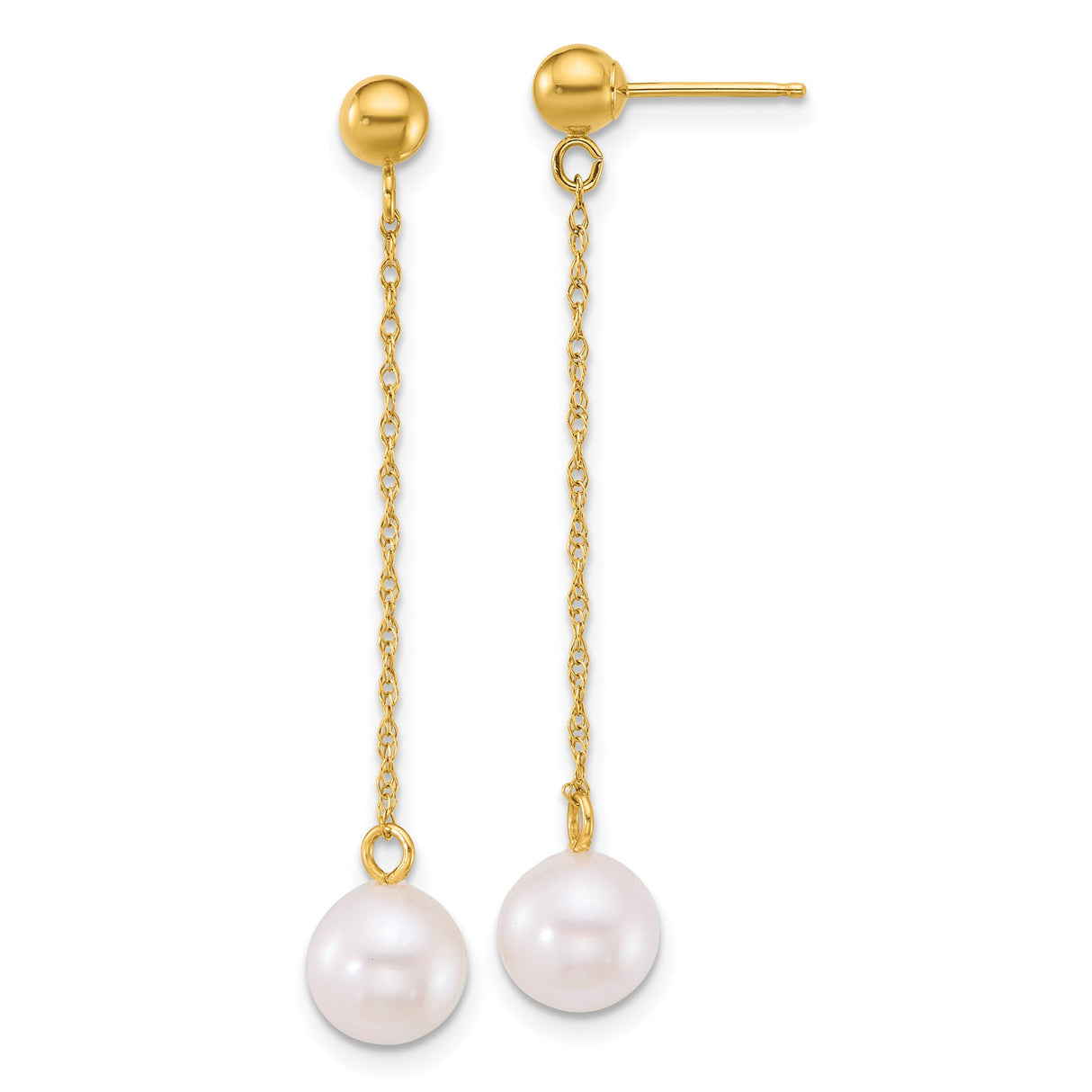 14k Yellow Gold Dangle Earrings with White Pearls, Long Chain Drop Minimalist Bridal Jewelry