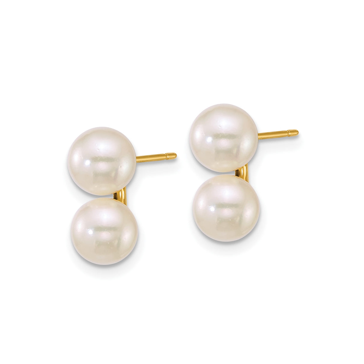 14k Yellow Gold Double Pearl Stud Earrings with Round White Cultured Pearls
