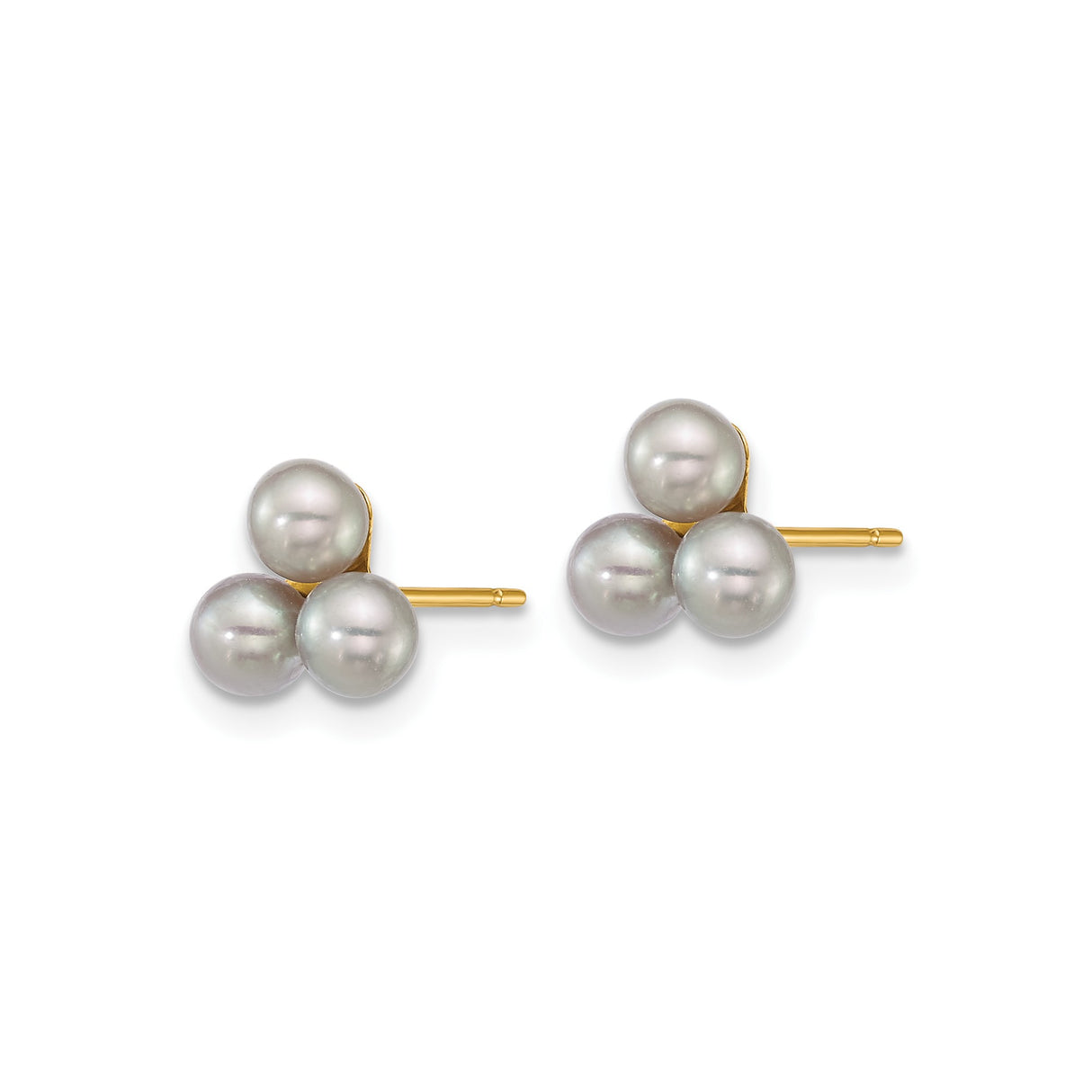 14k Yellow Gold Pearl Stud Earrings with Three White Round Pearls, Classic Cluster Style for Women