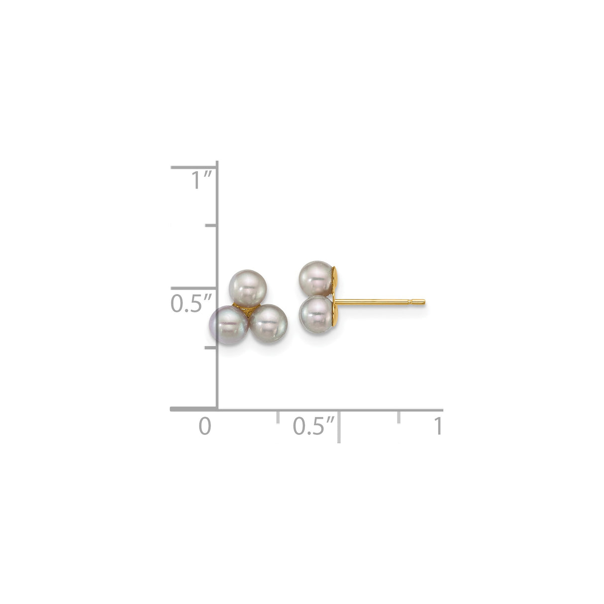 14k Yellow Gold Pearl Stud Earrings with Three White Round Pearls, Classic Cluster Style for Women