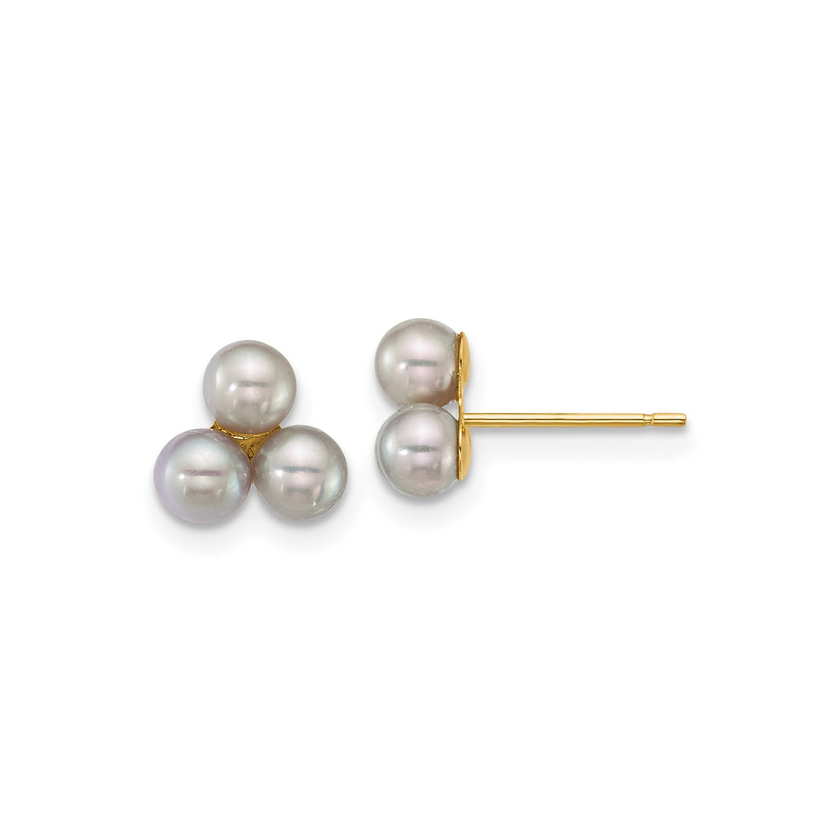14k Yellow Gold Pearl Stud Earrings with Three White Round Pearls, Classic Cluster Style for Women