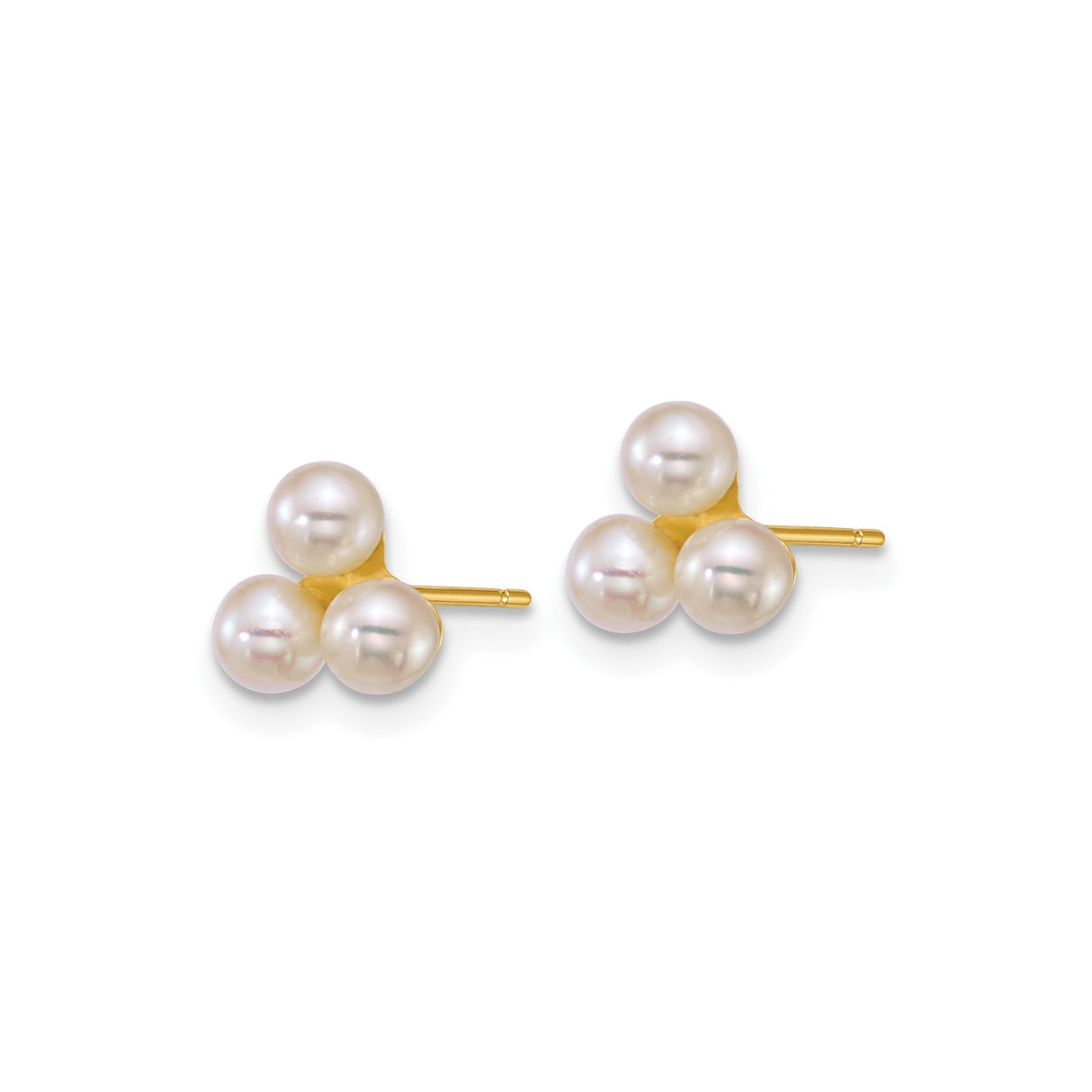 14k Yellow Gold Stud Earrings with Three White Freshwater Pearls, Cluster Style