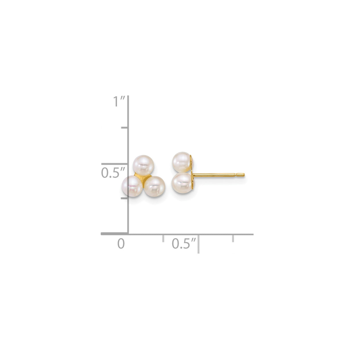 14k Yellow Gold Stud Earrings with Three White Freshwater Pearls, Cluster Style