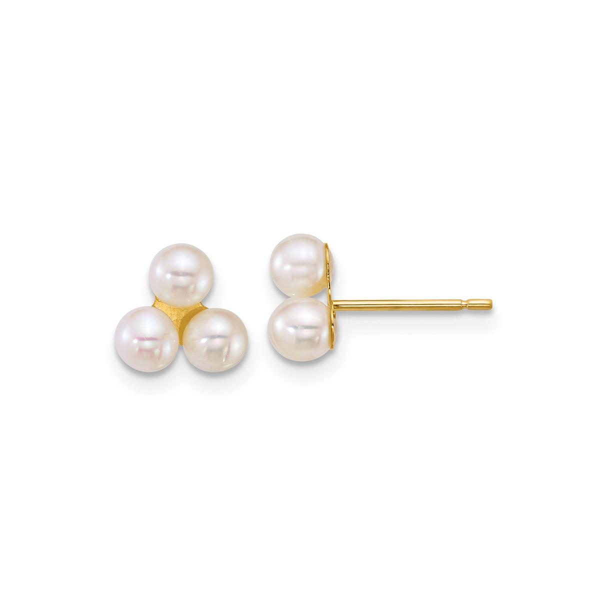 14k Yellow Gold Stud Earrings with Three White Freshwater Pearls, Cluster Style