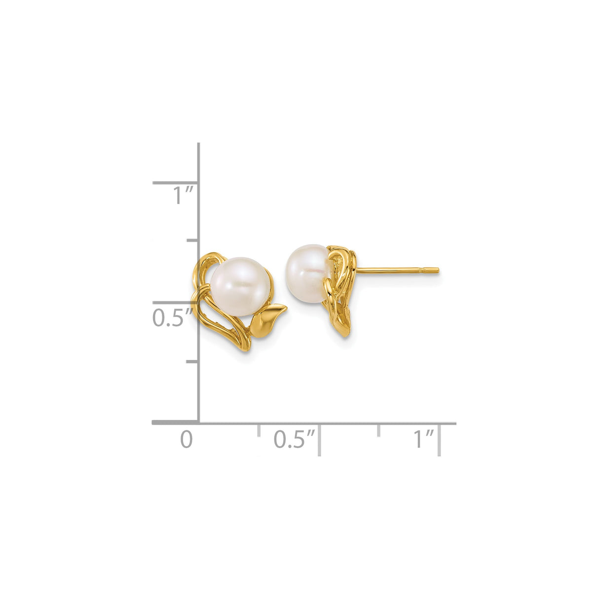 14k Yellow Gold Pearl Stud Earrings, Floral Leaf and Petal Motif for Women