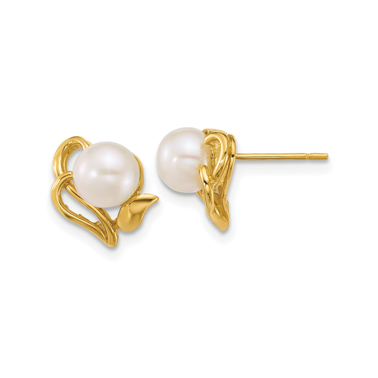14k Yellow Gold Pearl Stud Earrings, Floral Leaf and Petal Motif for Women