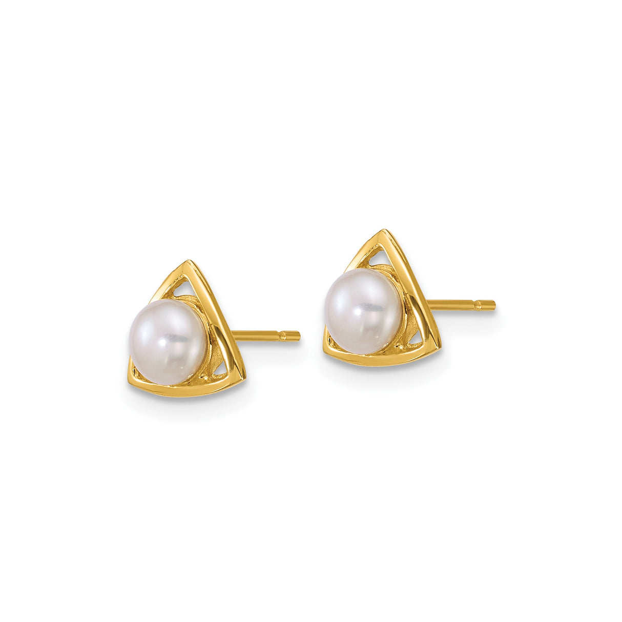 14k Yellow Gold Stud Earrings with White Cultured Pearl, Open Triangle Minimalist Design