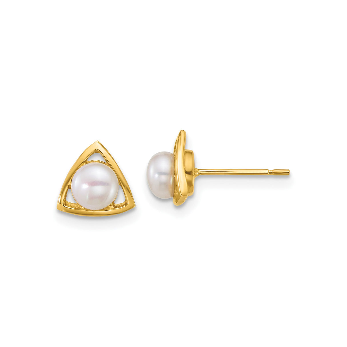 14k Yellow Gold Stud Earrings with White Cultured Pearl, Open Triangle Minimalist Design