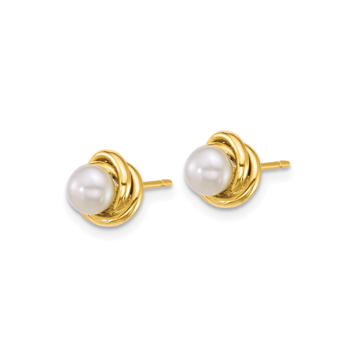 14k Yellow Gold Stud Earrings with White Cultured Pearls, Classic Love Knot Design