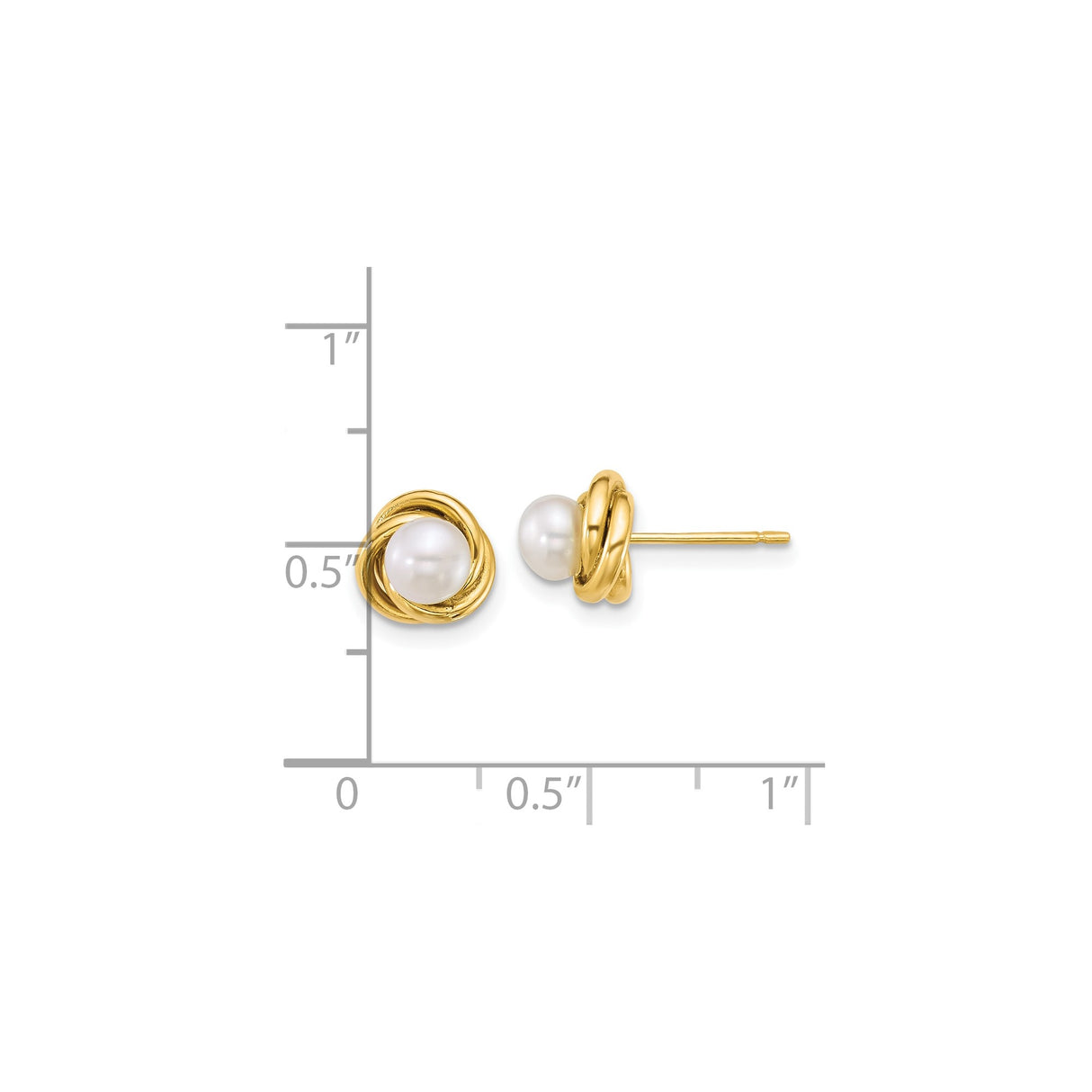 14k Yellow Gold Stud Earrings with White Cultured Pearls, Classic Love Knot Design