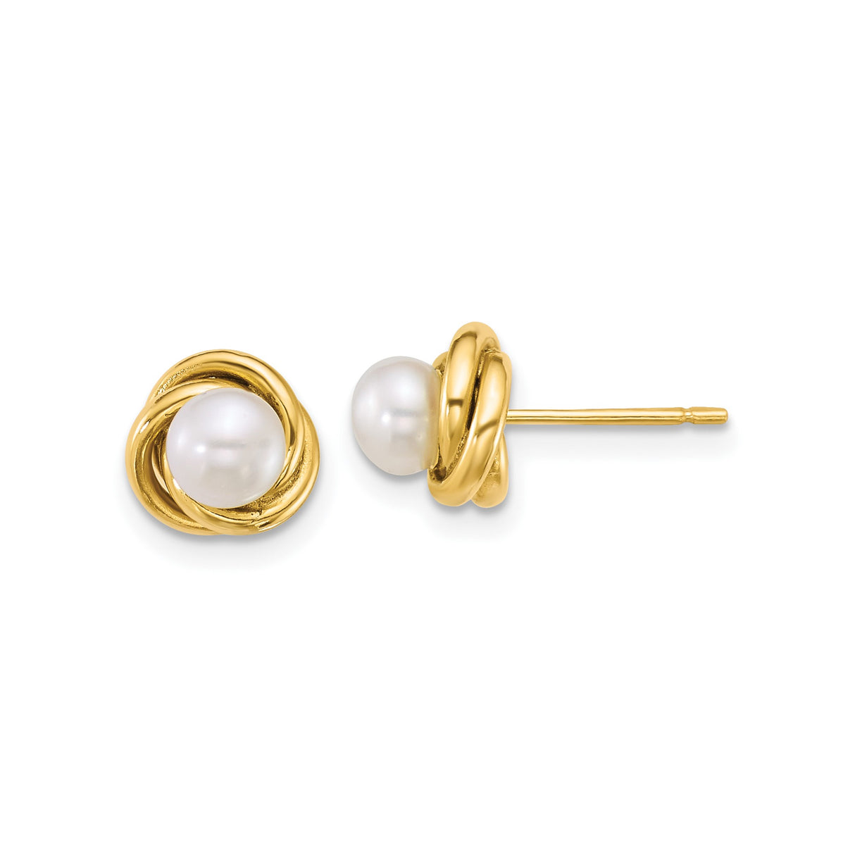 14k Yellow Gold Stud Earrings with White Cultured Pearls, Classic Love Knot Design