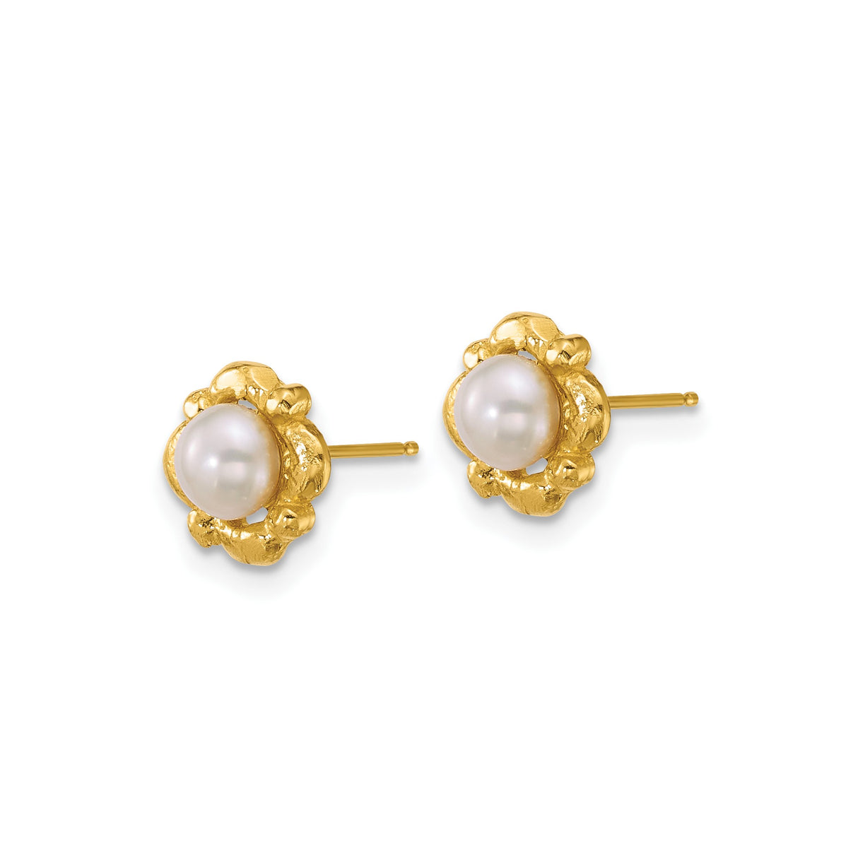 14k Yellow Gold Pearl Stud Earrings with Textured Floral Design