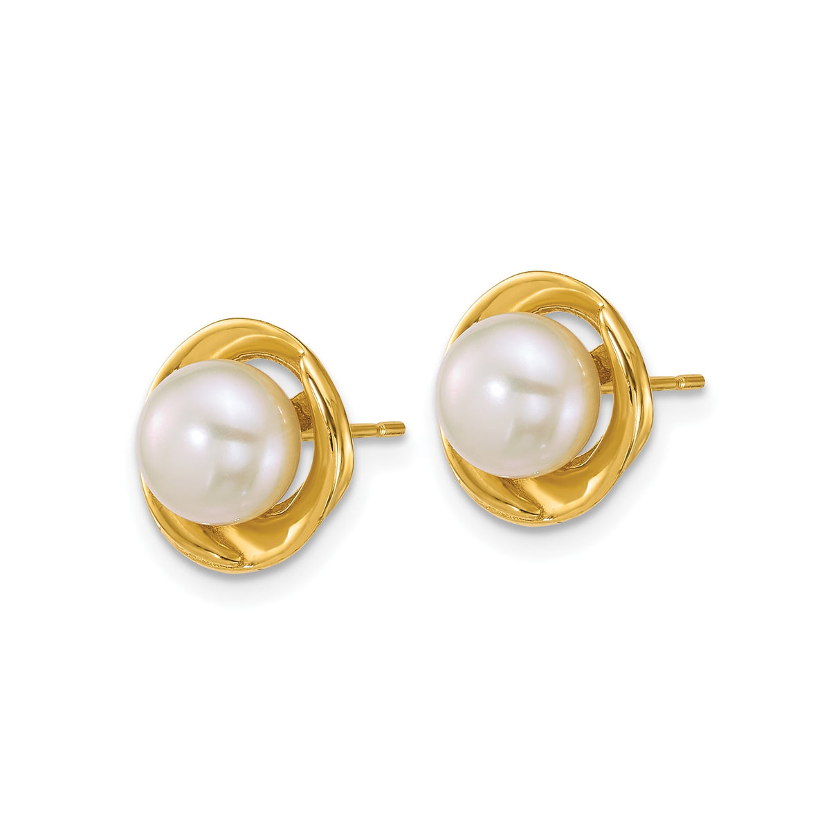 14k Yellow Gold Stud Earrings with Round White Cultured Pearls, Swirl Bezel Setting