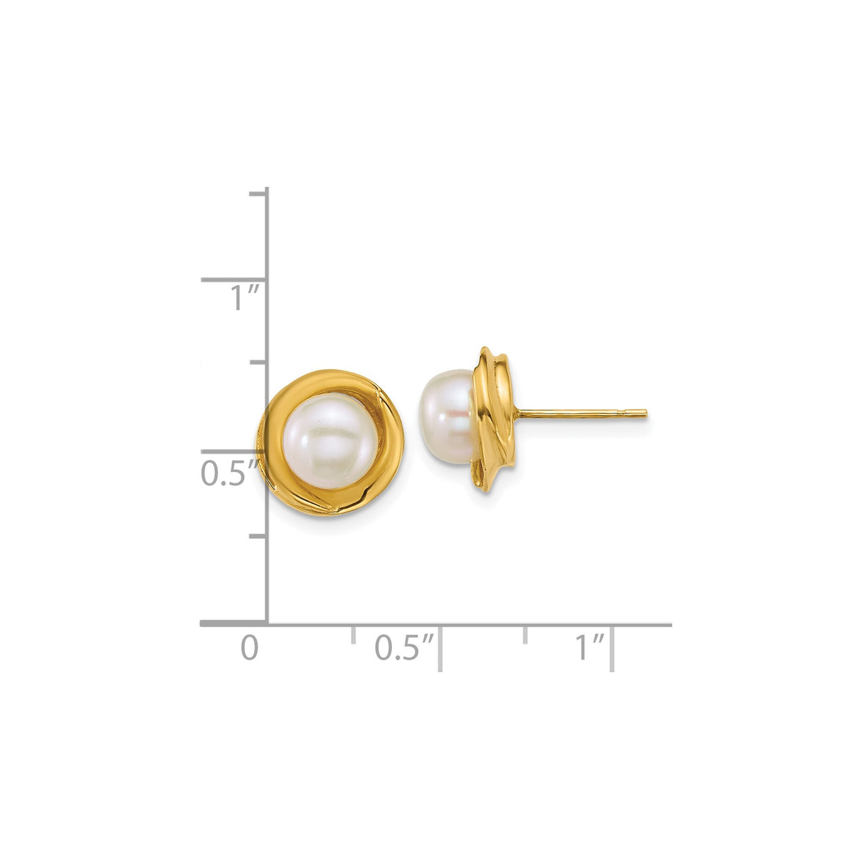 14k Yellow Gold Stud Earrings with Round White Cultured Pearls, Swirl Bezel Setting
