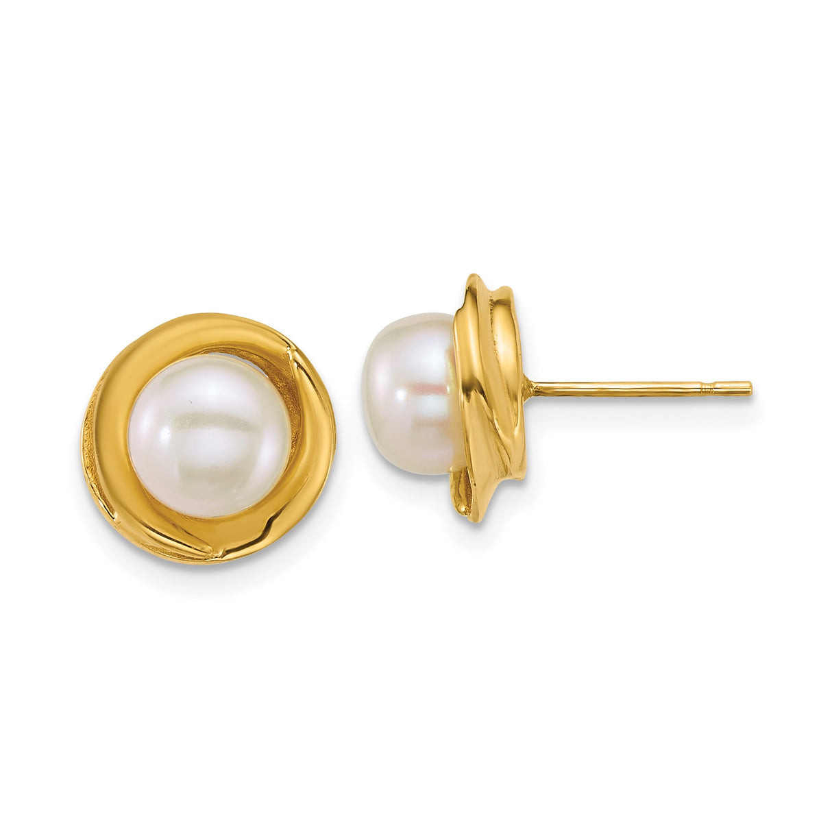 14k Yellow Gold Stud Earrings with Round White Cultured Pearls, Swirl Bezel Setting