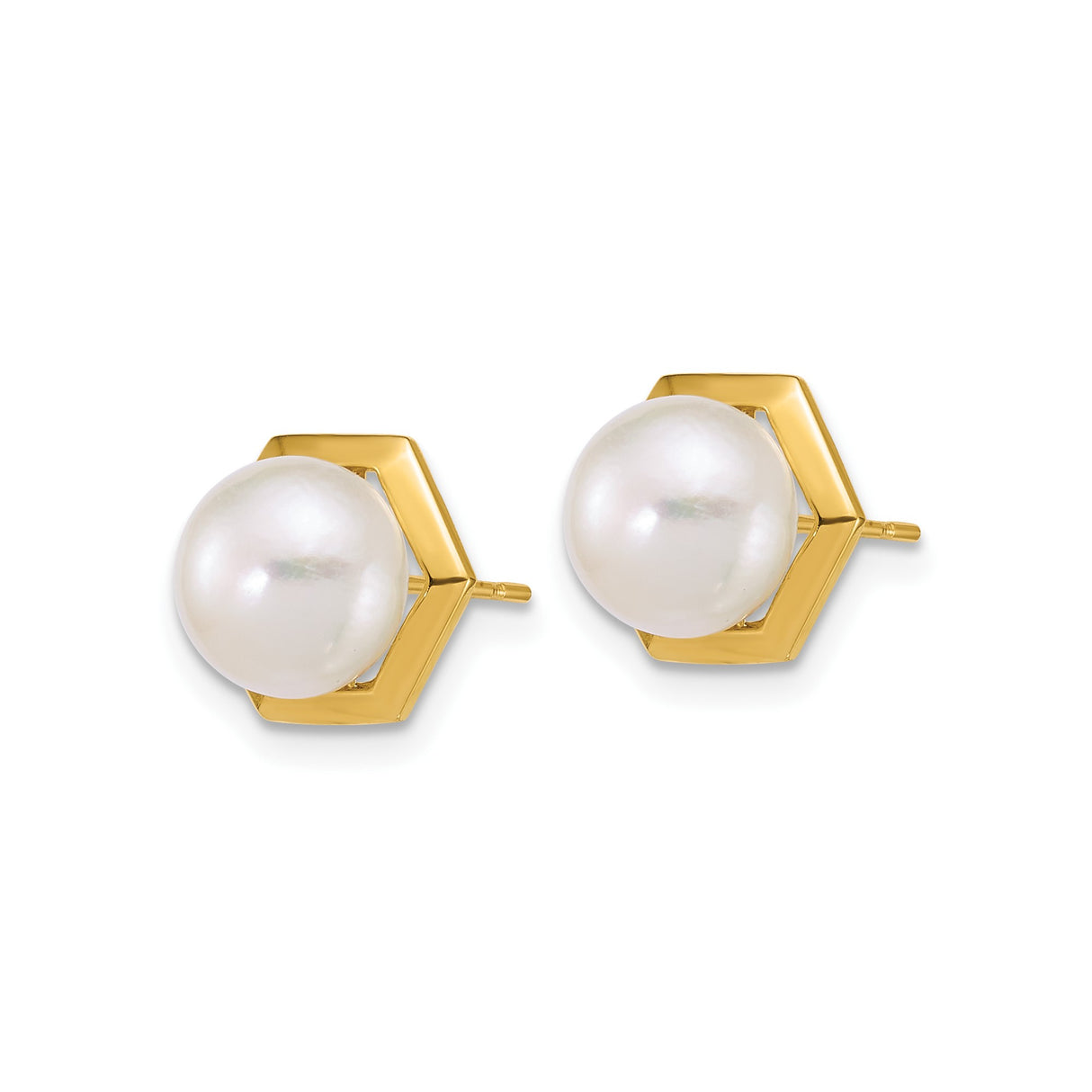 14k Yellow Gold Stud Earrings with Round White Cultured Pearls, Modern Hexagon Design