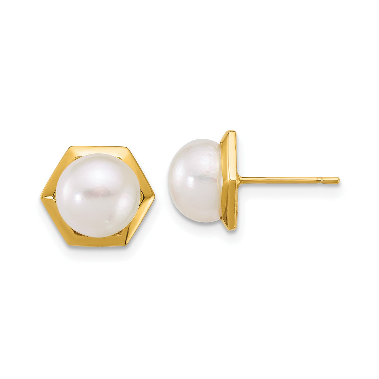 14k Yellow Gold Stud Earrings with Round White Cultured Pearls, Modern Hexagon Design
