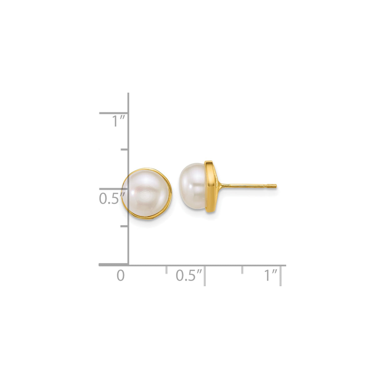 14k Yellow Gold Pearl Stud Earrings with Round White Cultured Pearls in Bezel Setting
