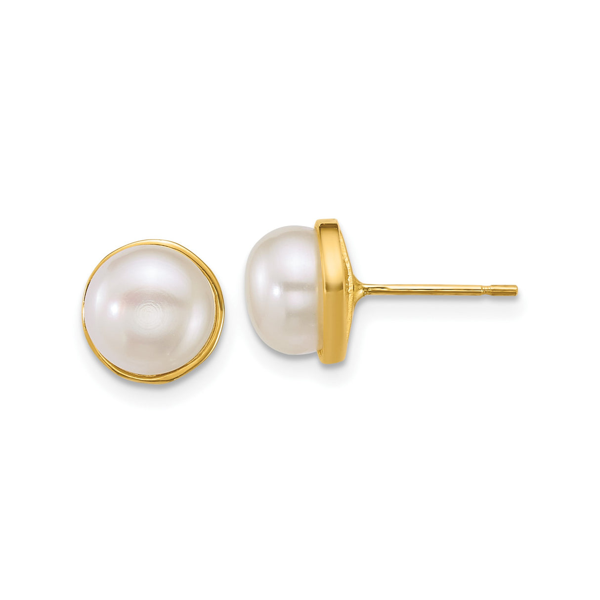 14k Yellow Gold Pearl Stud Earrings with Round White Cultured Pearls in Bezel Setting