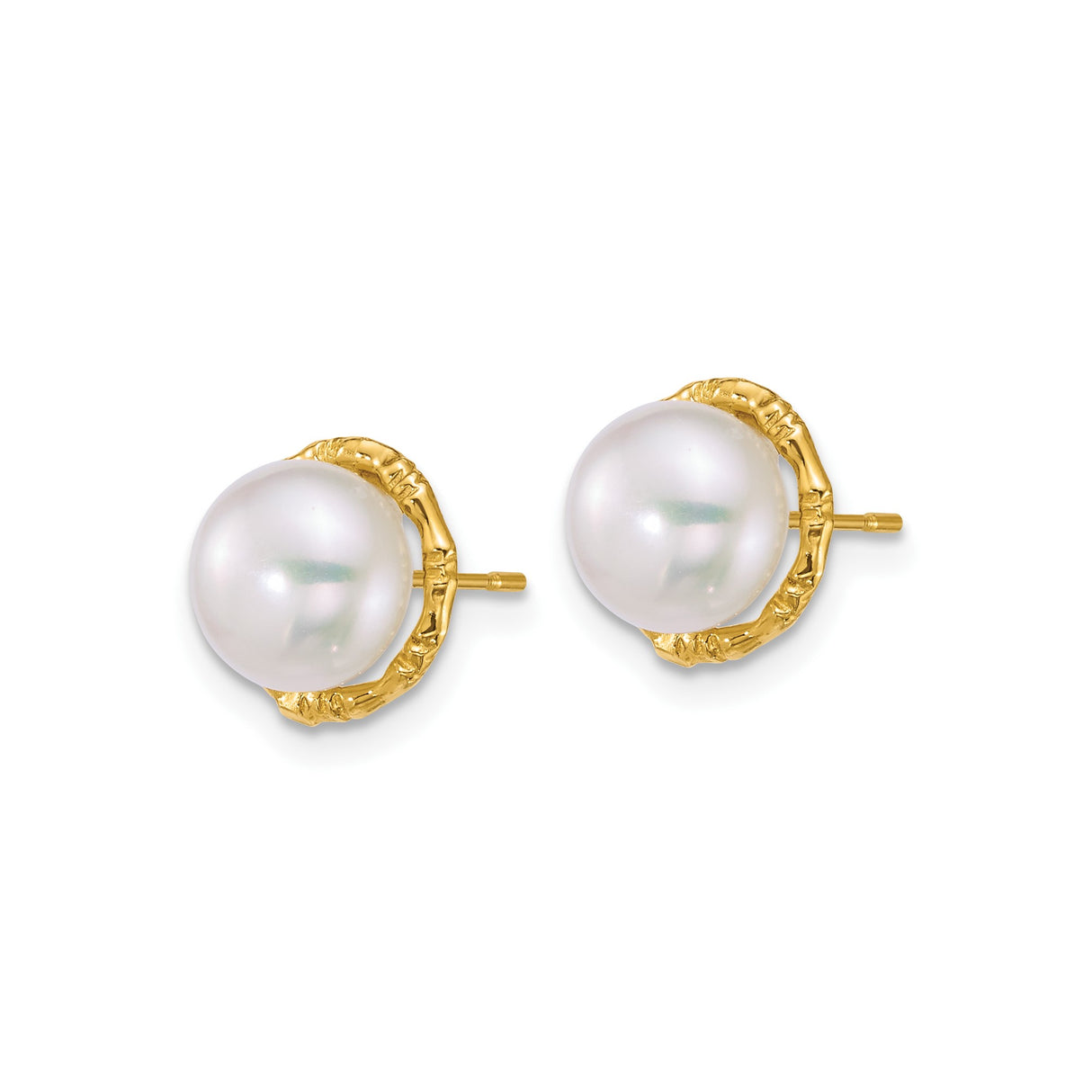 14k Yellow Gold Stud Earrings with Round White Cultured Pearls, Textured Bezel Setting