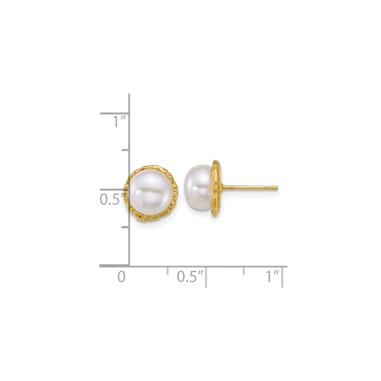 14k Yellow Gold Stud Earrings with Round White Cultured Pearls, Textured Bezel Setting