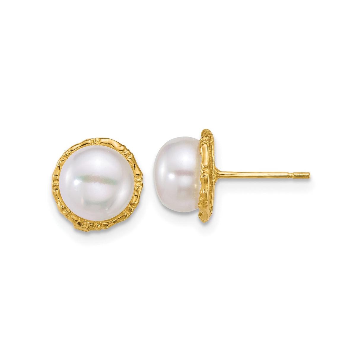 14k Yellow Gold Stud Earrings with Round White Cultured Pearls, Textured Bezel Setting