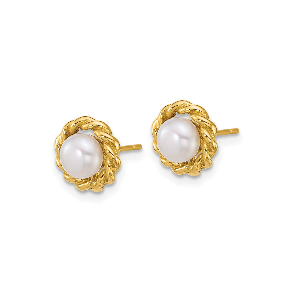 14k Yellow Gold Stud Earrings with White Cultured Pearls and Twisted Rope Design