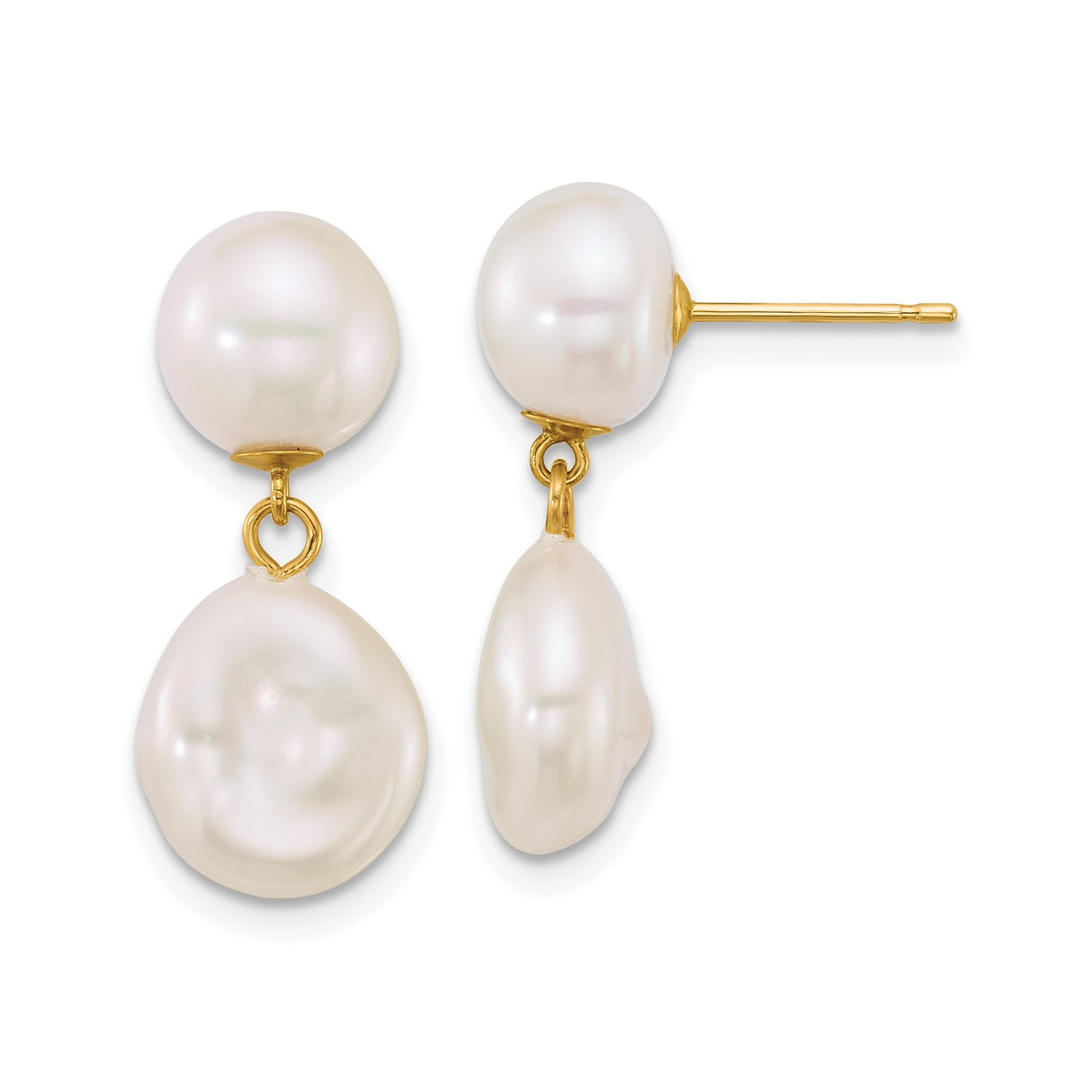 14k Yellow Gold Drop Earrings with Baroque Freshwater Pearls, Classic Dangle Design for Women
